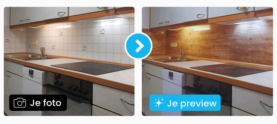 Keuken voor met betegeld spatscherm, daarna met danario keukenachterwand in houtlook