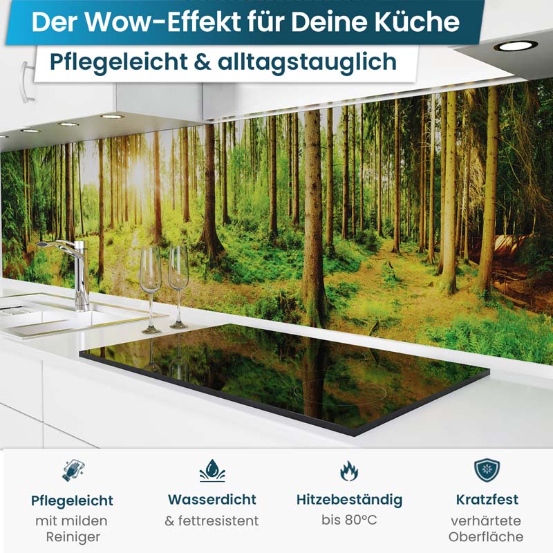 Küchenrückwand selbstklebend - Sonnenstrahlen im Wald